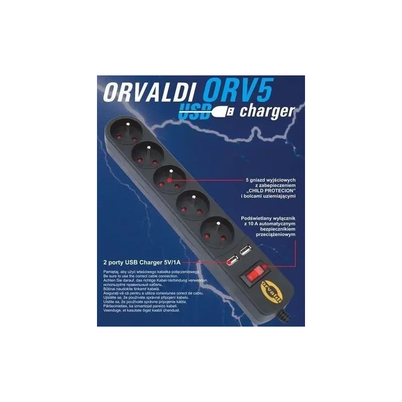 Listwa zasilająca przeciwprzepięciowa ORVALDI ORV-5 3m z ładowarką USB
