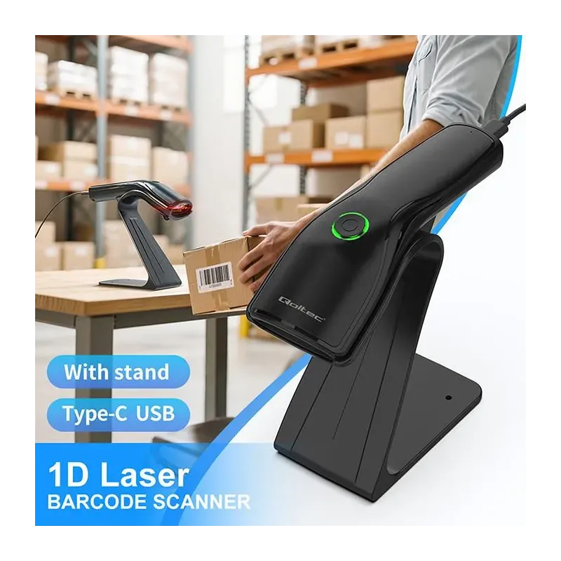 Czytnik kodów kreskowych Qoltec + stojak na skaner | 1D | USB