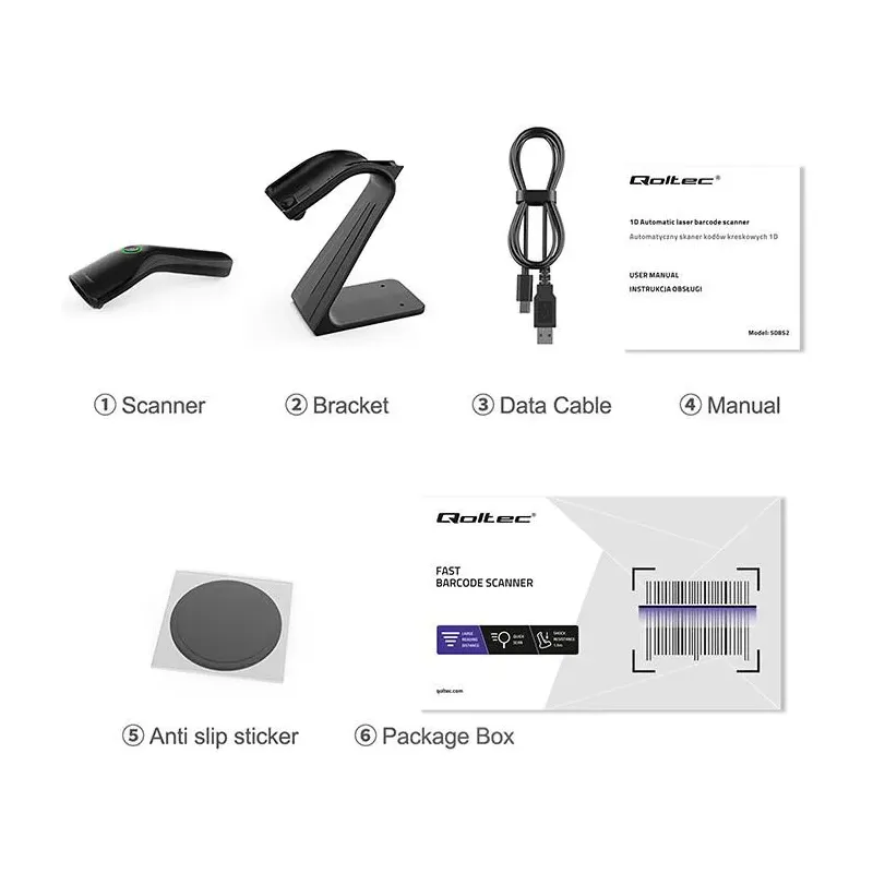 Czytnik kodów kreskowych Qoltec + stojak na skaner | 1D | USB