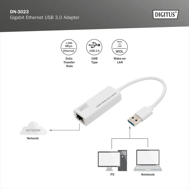 Karta sieciowa DIGITUS DN-3023 USB RJ45 100/1000 Mbps | PartsPC.pl