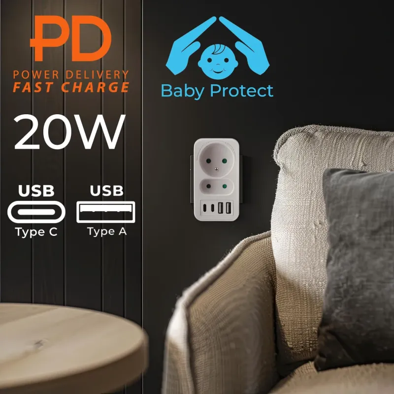 Gniazdko prądowe x2 + 4xUSB Maclean, rozgałęźnik z 2 | PartsPC.pl