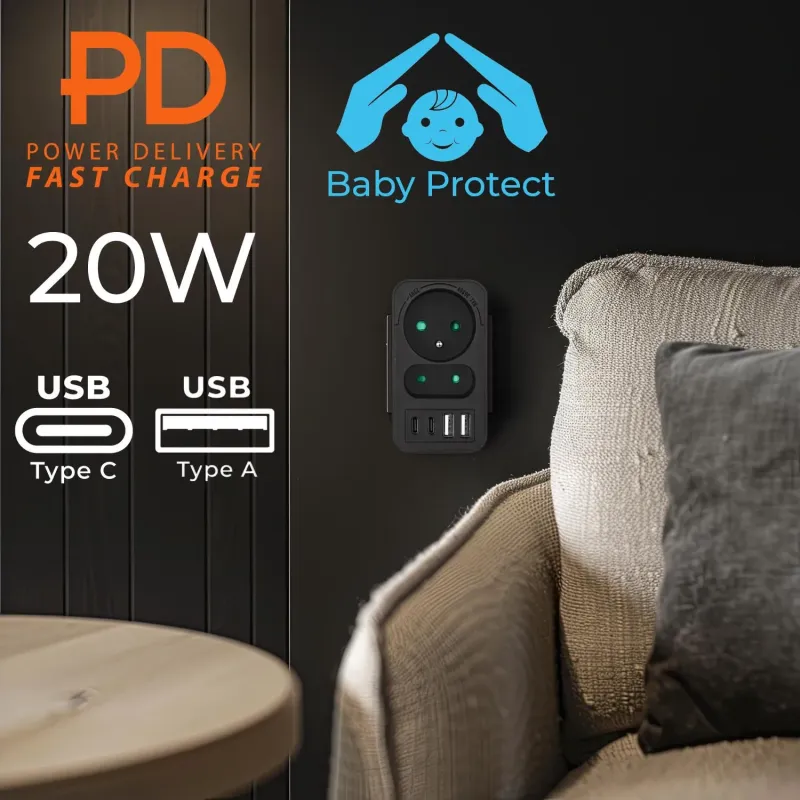 Gniazdko prądowe x2 + 4xUSB Maclean, rozgałęźnik z 2 gniazda… | PartsPC.pl