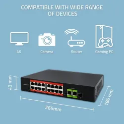 Switch niezarządzalny Qoltec przełącznik sieciowy Fast Ethernet PoE | 16x