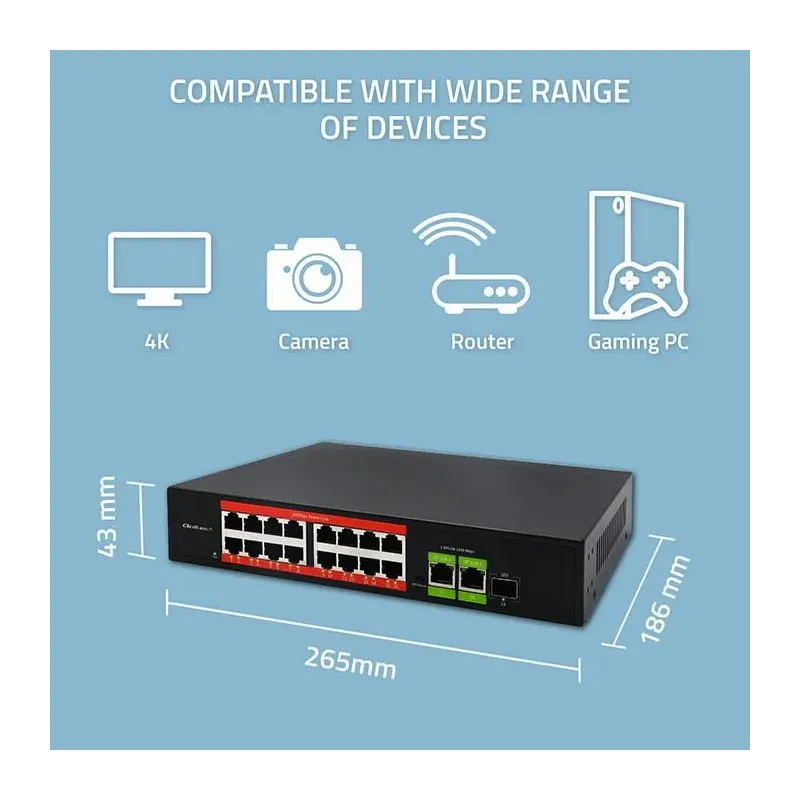 Switch niezarządzalny Qoltec przełącznik sieciowy Fast Ethernet PoE | 16x