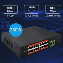 Switch niezarządzalny Qoltec przełącznik sieciowy Fast Ethernet PoE | 16x