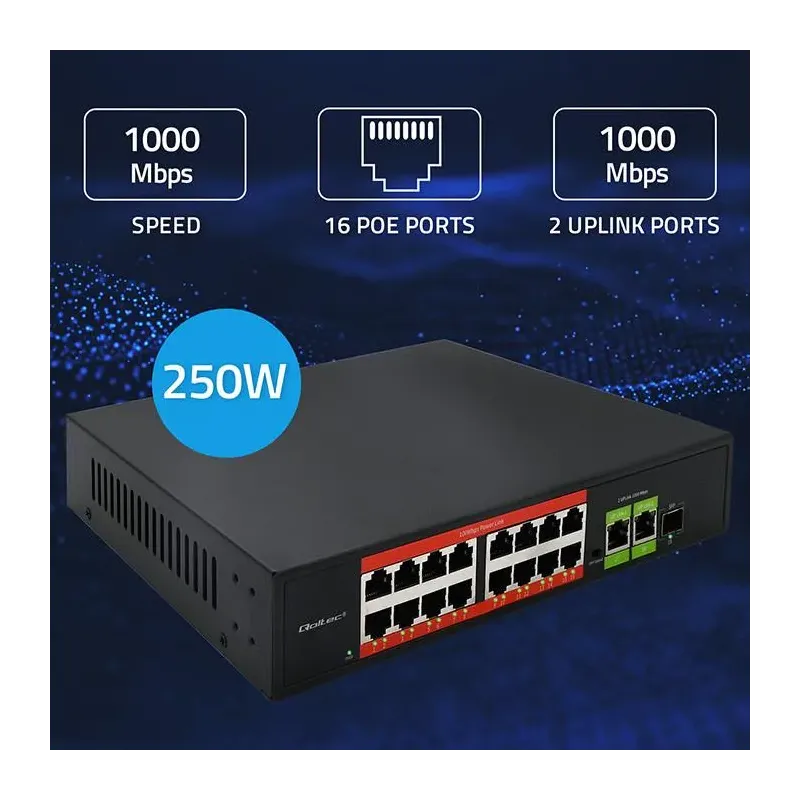 Switch niezarządzalny Qoltec przełącznik sieciowy Fast Ethernet PoE | 16x