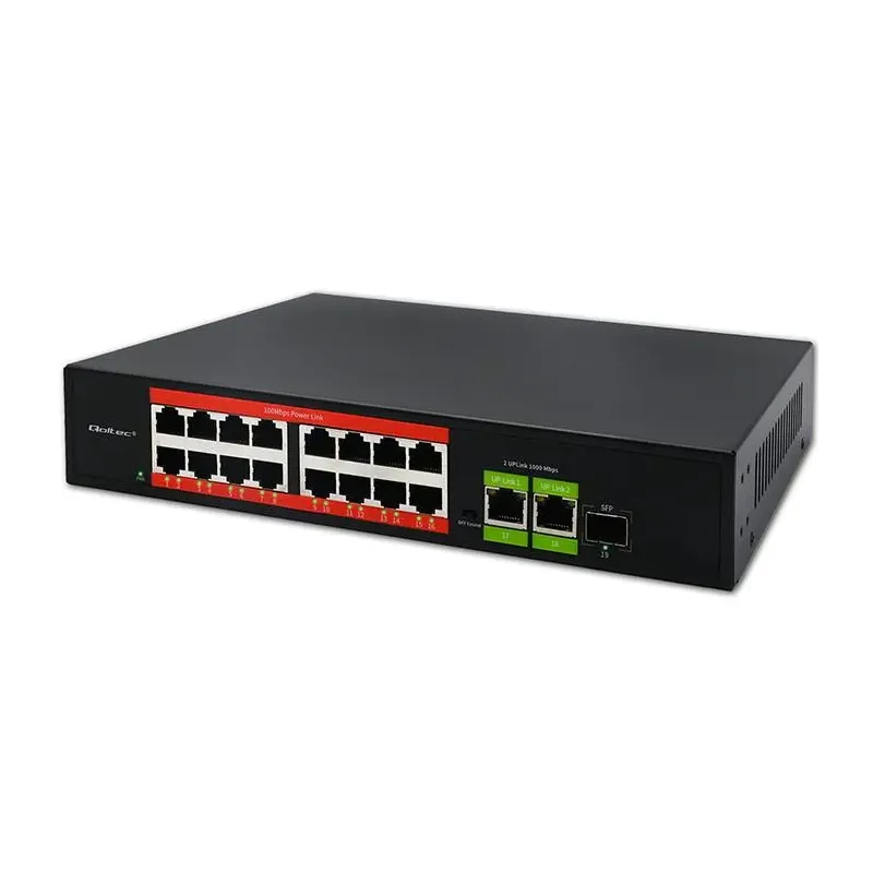 Switch niezarządzalny Qoltec przełącznik sieciowy Fast Ethernet PoE | 16x