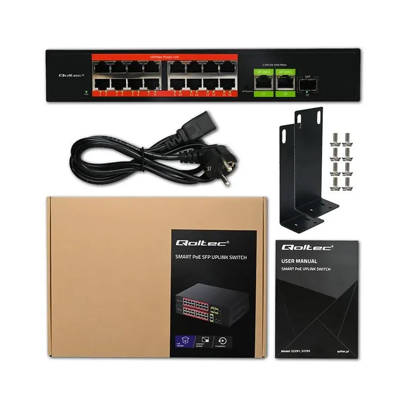 Switch niezarządzalny Qoltec przełącznik sieciowy Fast Ethernet PoE | 16x