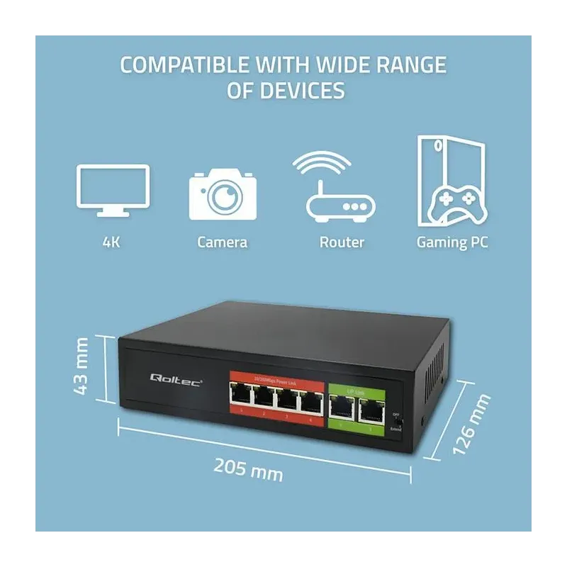 Switch niezarządzalny Qoltec przełącznik sieciowy Fast Ethernet PoE | 4x