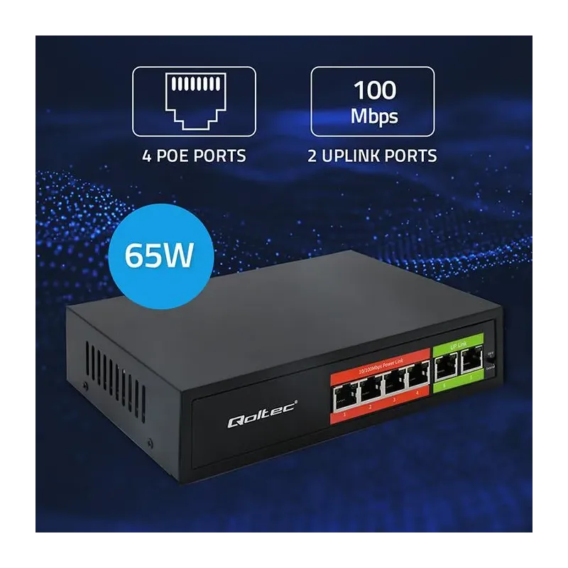 Switch niezarządzalny Qoltec przełącznik sieciowy Fast Ethernet PoE | 4x