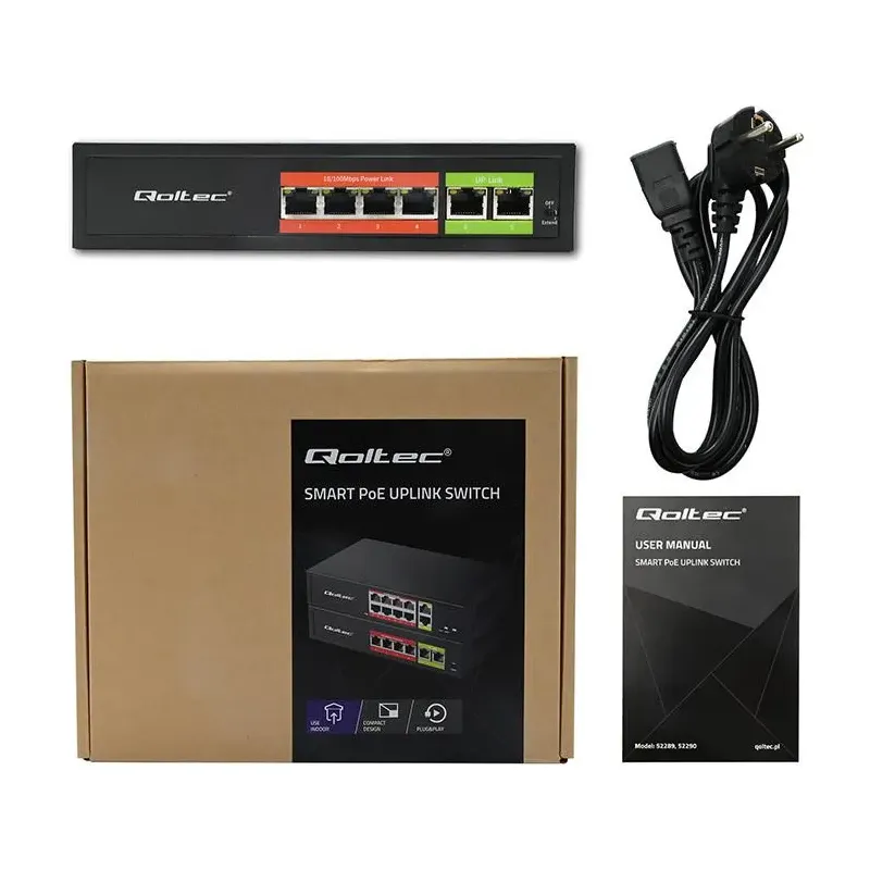 Switch niezarządzalny Qoltec przełącznik sieciowy Fast Ethernet PoE | 4x