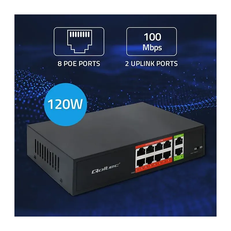 Switch niezarządzalny Qoltec przełącznik sieciowy Fast Ethernet PoE | 8x