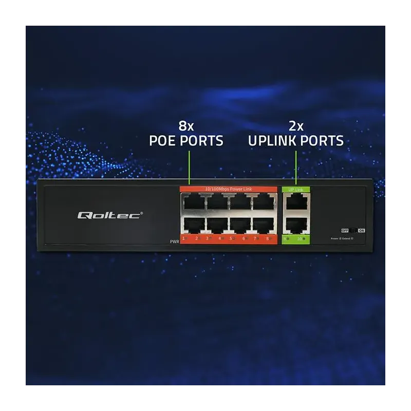 Switch niezarządzalny Qoltec przełącznik sieciowy Fast Ethernet PoE | 8x