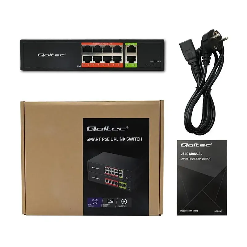 Switch niezarządzalny Qoltec przełącznik sieciowy Fast Ethernet PoE | 8x