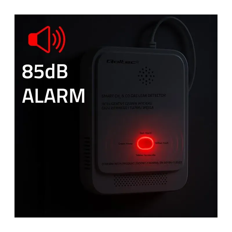 Czujnik wycieku gazu ziemnego i tlenku węgla Qoltec | alarm 85dB | LED