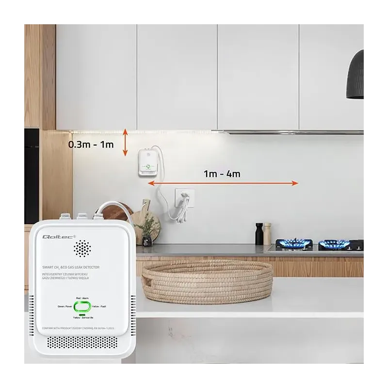 Czujnik wycieku gazu ziemnego i tlenku węgla Qoltec | alarm 85dB | LED