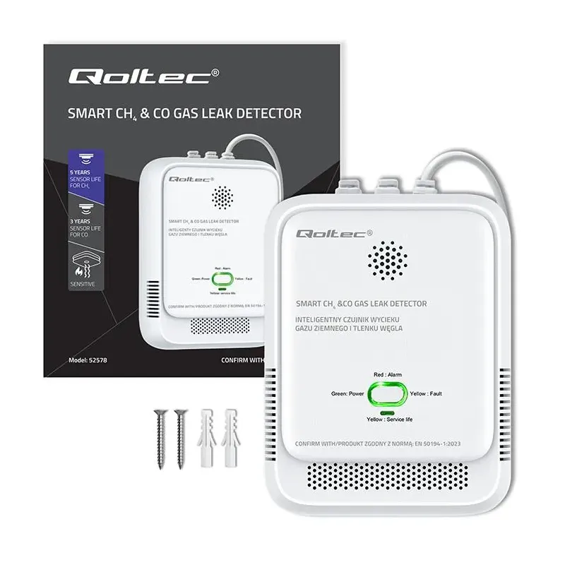 Czujnik wycieku gazu ziemnego i tlenku węgla Qoltec | alarm 85dB | LED