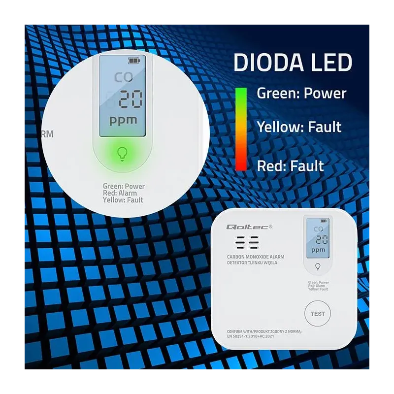 Czujnik tlenku węgla Qoltec z baterią | alarm 85dB | LED