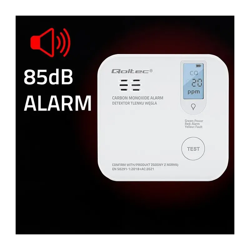 Czujnik tlenku węgla Qoltec z baterią | alarm 85dB | LED