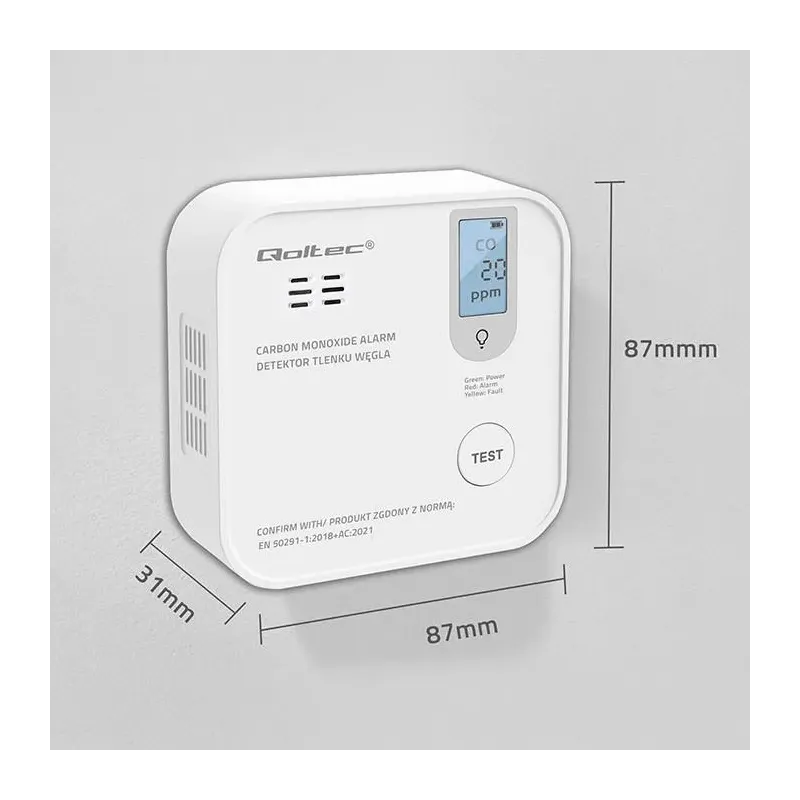 Czujnik tlenku węgla Qoltec z baterią | alarm 85dB | LED