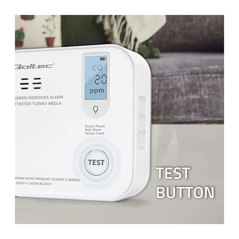 Czujnik tlenku węgla Qoltec z baterią | alarm 85dB | LED