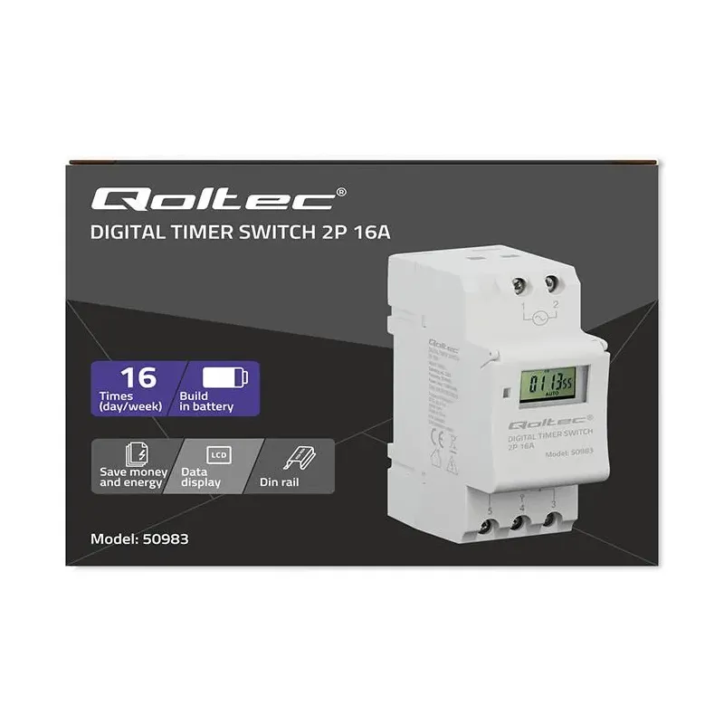 Programator czasowy Qoltec Elektroniczny na szynę DIN z wbudowaną baterią |