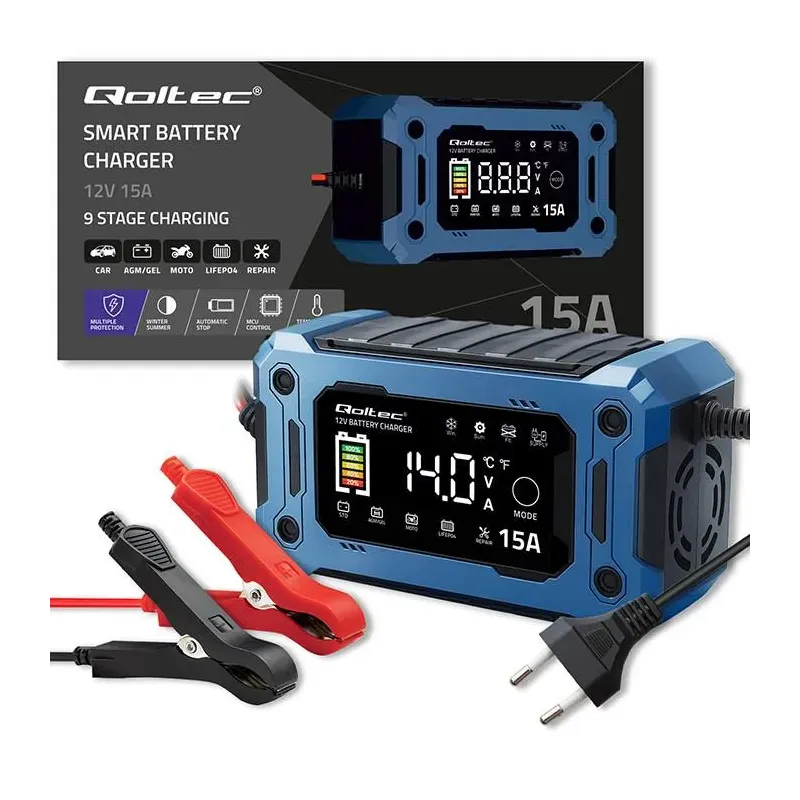 Ładowarka inteligentna Qoltec mikroprocesorowa 12V 15A | Prostownik z
