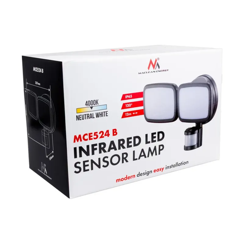 Lampa LED Maclean MCE524 B, z czujnikiem PIR, 20W, 1500lm, IP65, neutral