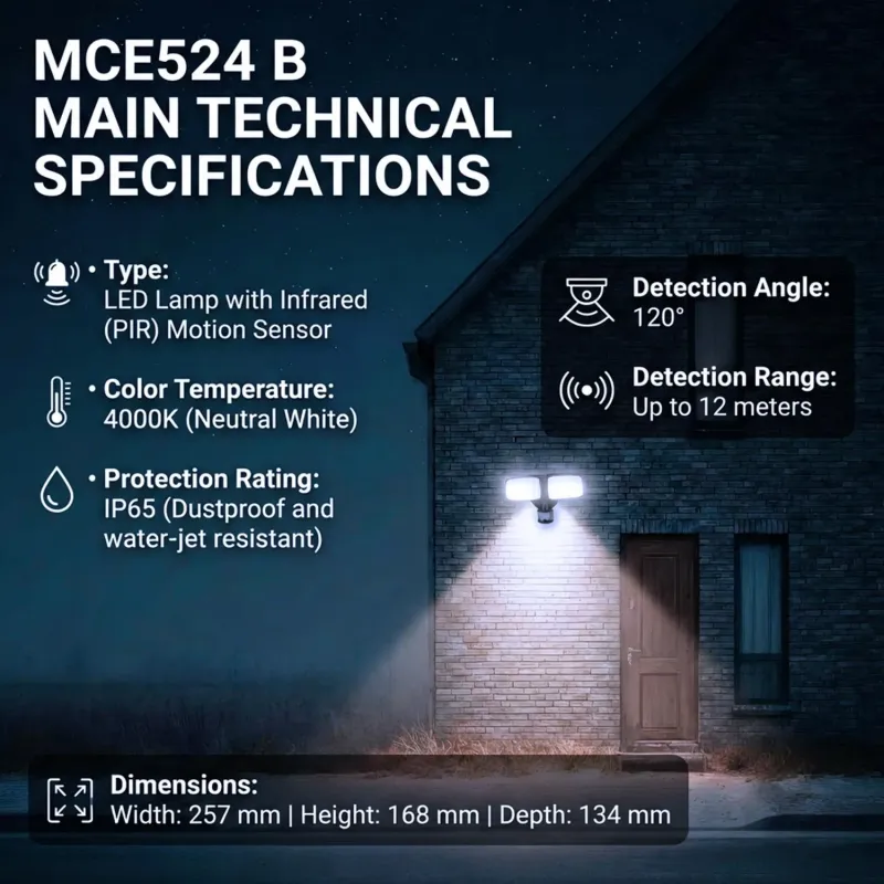 Lampa LED Maclean MCE524 B, z czujnikiem PIR, 20W, 1500lm, IP65, neutral