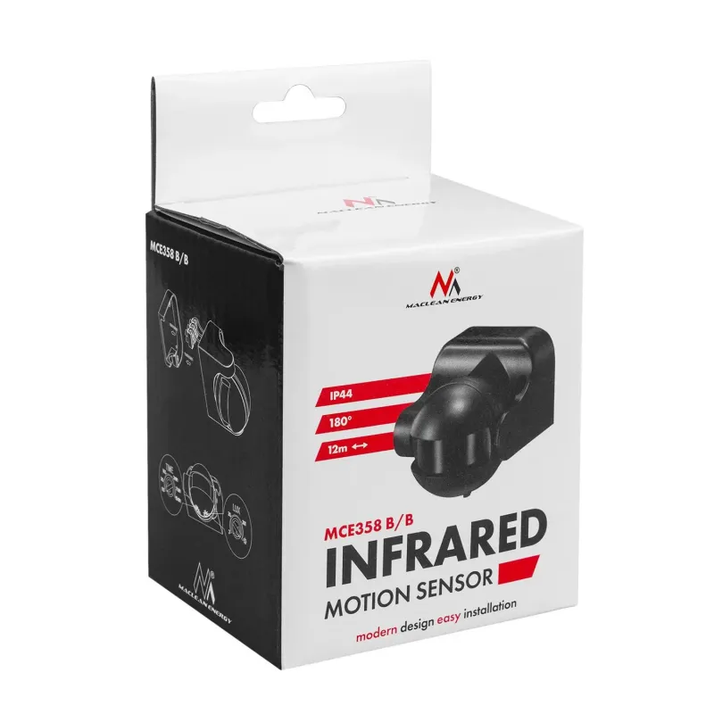 Czujnik ruchu PIR Maclean MCE358 B/B, na podczerwień, IP44, czarny z czarną