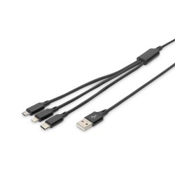 Kabel USB 2.0 DIGITUS 3w1 Typ USB C + Lightning + microUSB B/ USB A M/M 10W