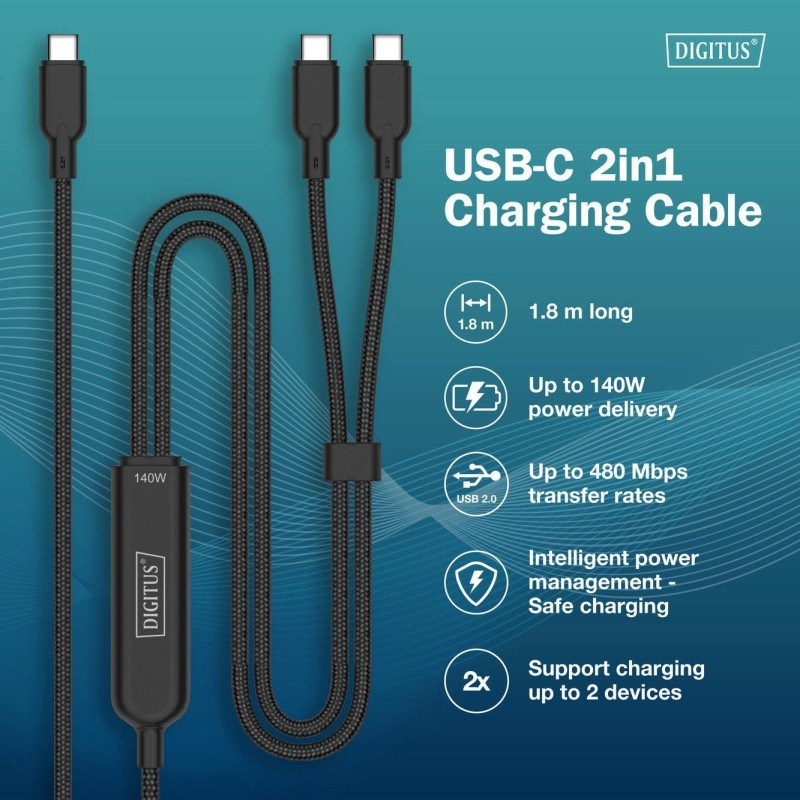 Kabel zasilający DIGITUS 2 w 1 USB-C - 2x USB-C, USB 2... | PartsPC.pl