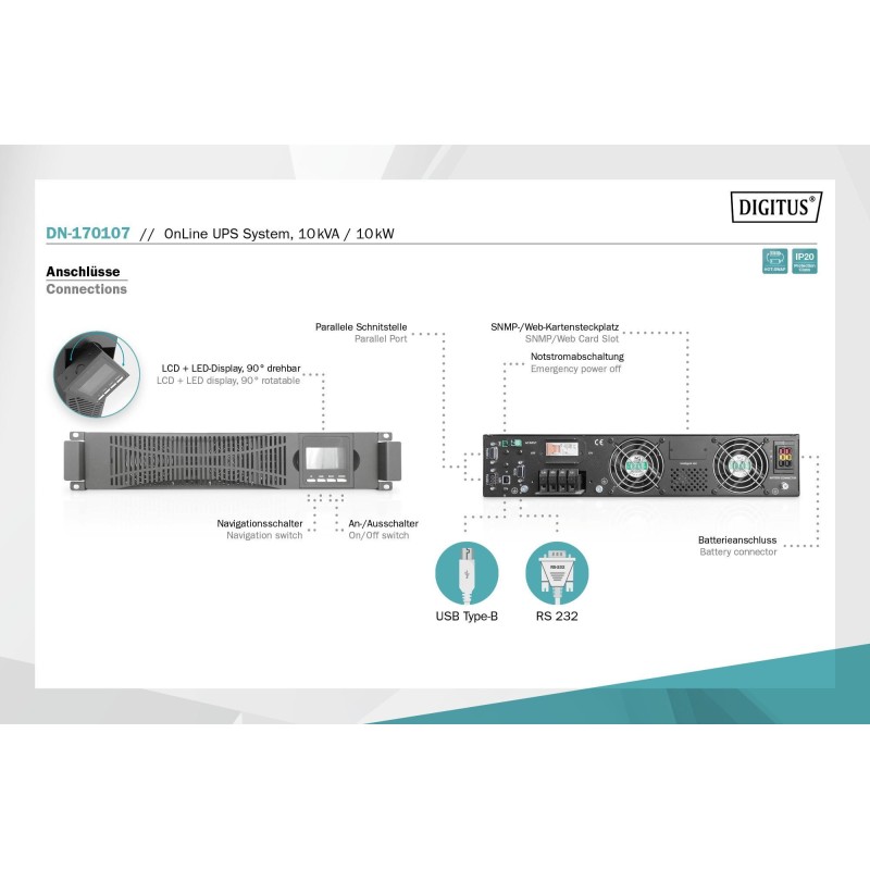 Zasilacz awaryjny UPS DIGITUS Online Rack 19" 10000VA/10kW, 2U, USB, RS232,