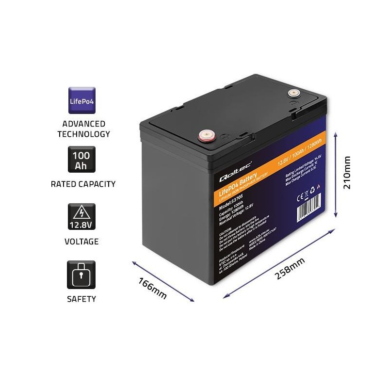 Akumulator LiFePO4 Qoltec Litowo-Żelazowo-Fosforanowy | 12.8V | 100Ah |