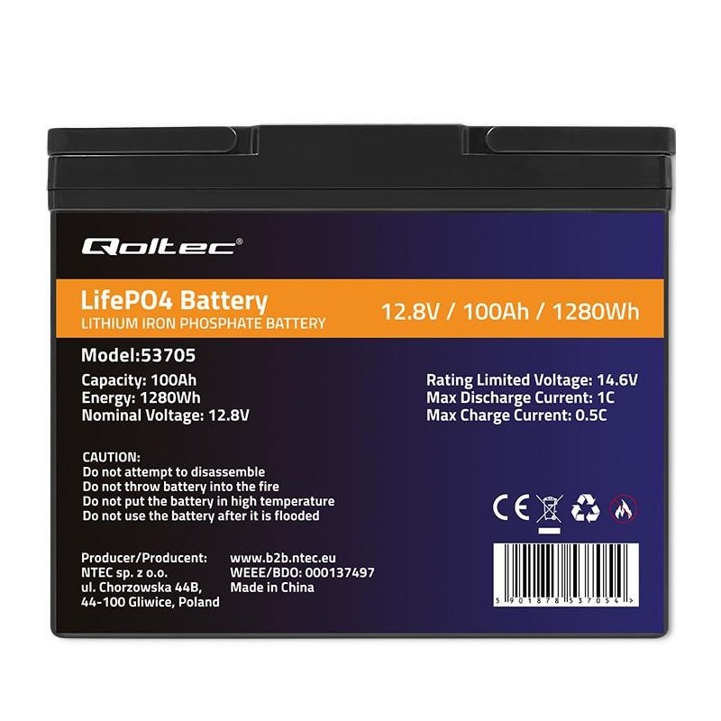 Akumulator LiFePO4 Qoltec Litowo-Żelazowo-Fosforanowy | 12.8V | 100Ah |