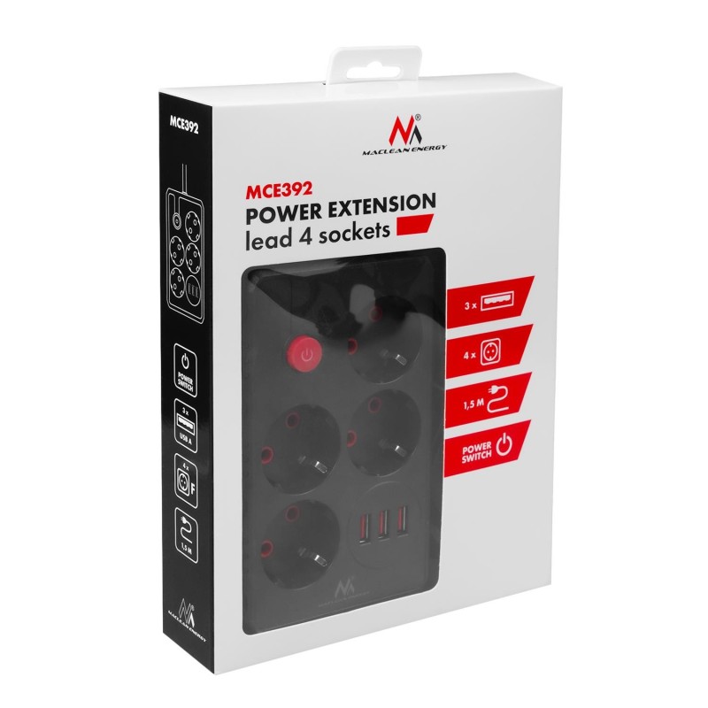 Listwa zasilająca Maclean MCE392 B, przedłużacz 4 gnia... | PartsPC.pl