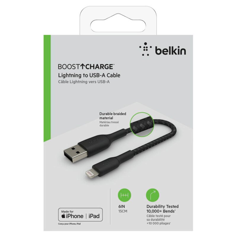 Belkin Kabel USB-A na Lightning, w oplocie, 0,15 m, czarny | PartsPC.pl
