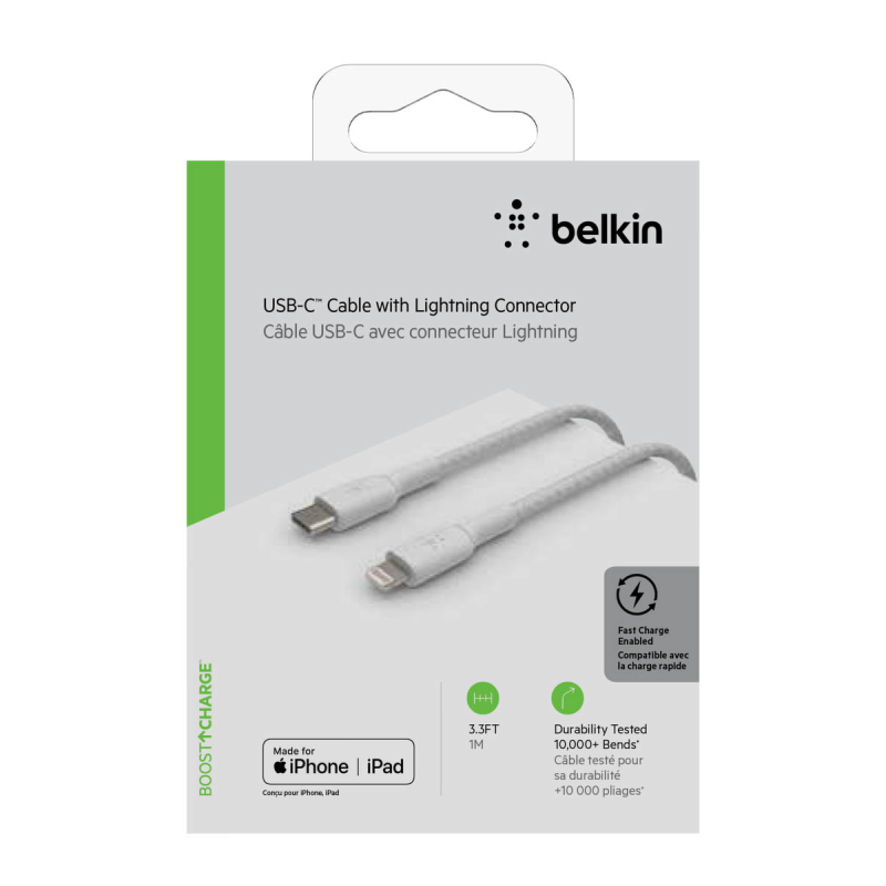 Belkin Kabel USB-C na Lightning, w oplocie, 1 m, biały