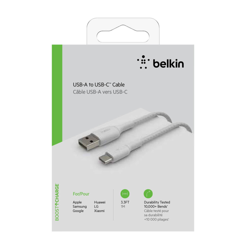 Belkin Kabel USB-A na USB-C, w oplocie, 1m, biały