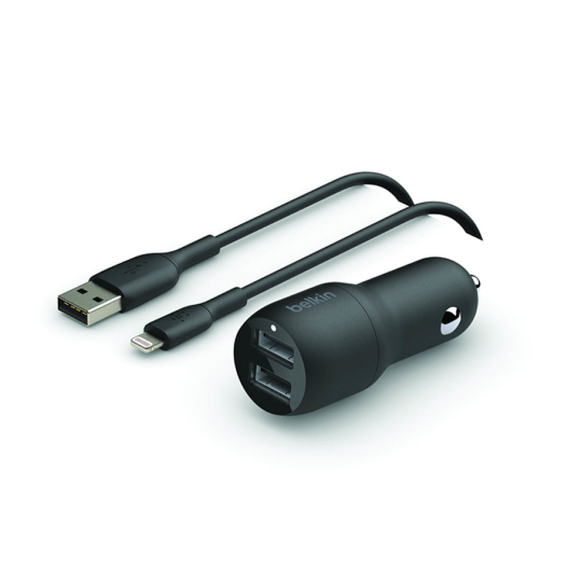 Belkin Ładowarka samochodowa 24W, 2x USB-A, czarna + kabel Lightning