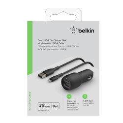 Belkin Ładowarka samochodowa 24W, 2x USB-A, czarna + kabel Lightning