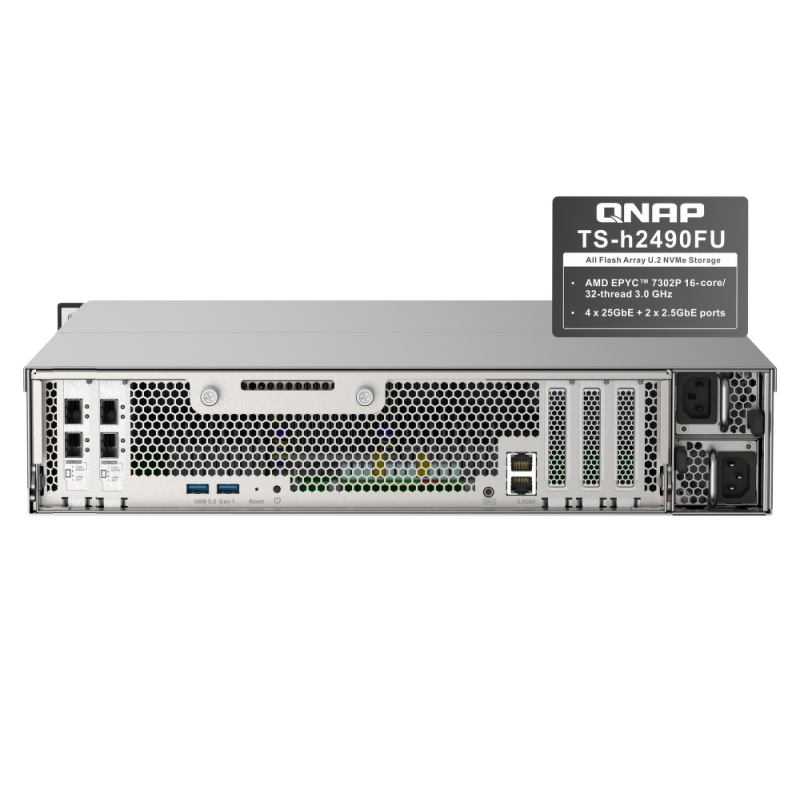 QNAP TS-h2490FU-7232P-64G | 24-zatokowy all flash U.2 NVMe NAS, AMD Epyc, 64GB RAM, RP, RACK