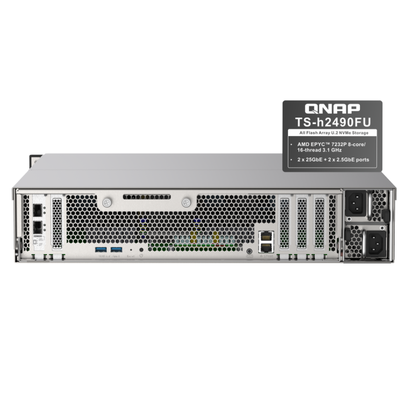QNAP TS-h2490FU-7232P-64G | 24-zatokowy all flash U.2 NVMe NAS, AMD Epyc, 64GB RAM, RP, RACK