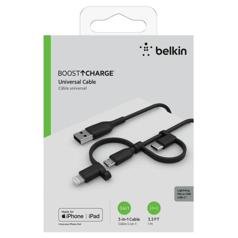 Belkin Kabel 3w1 USB-A na Lightning, microUSB, USB-C, 1m, czarny