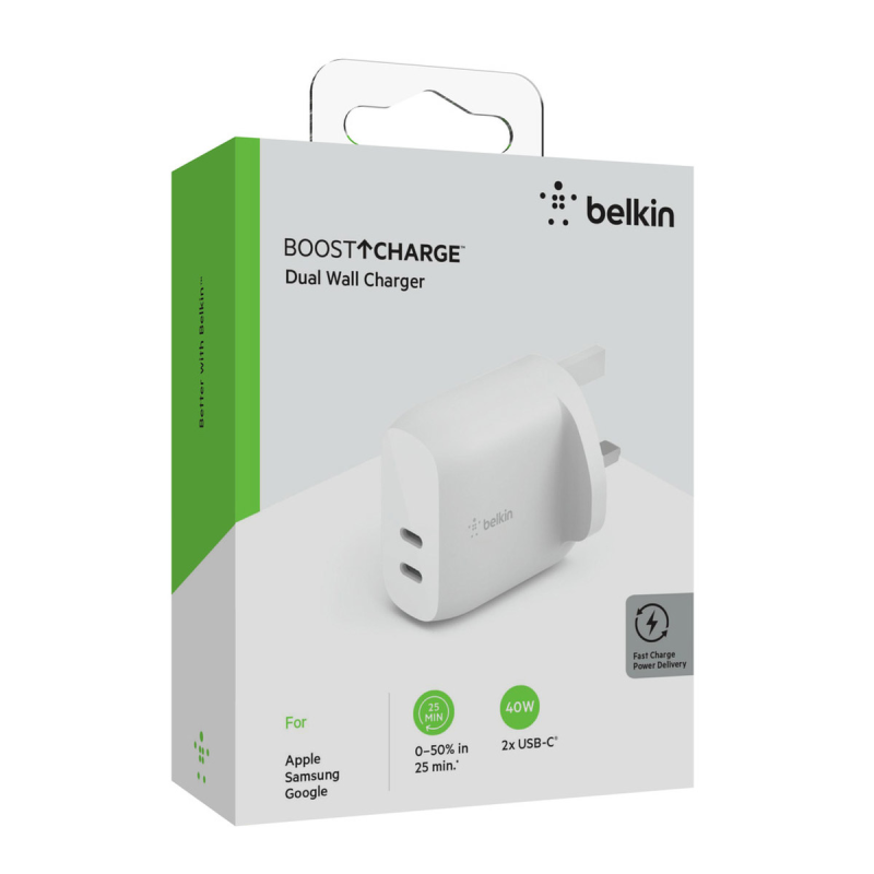 Belkin ładowarka sieciowa podwójna 2x USB C, Power Delivery, 40W, biała