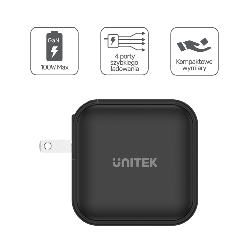 Unitek Ładowarka GaN 4 porty, PD 100W QC3.0 czarna | PartsPC.pl