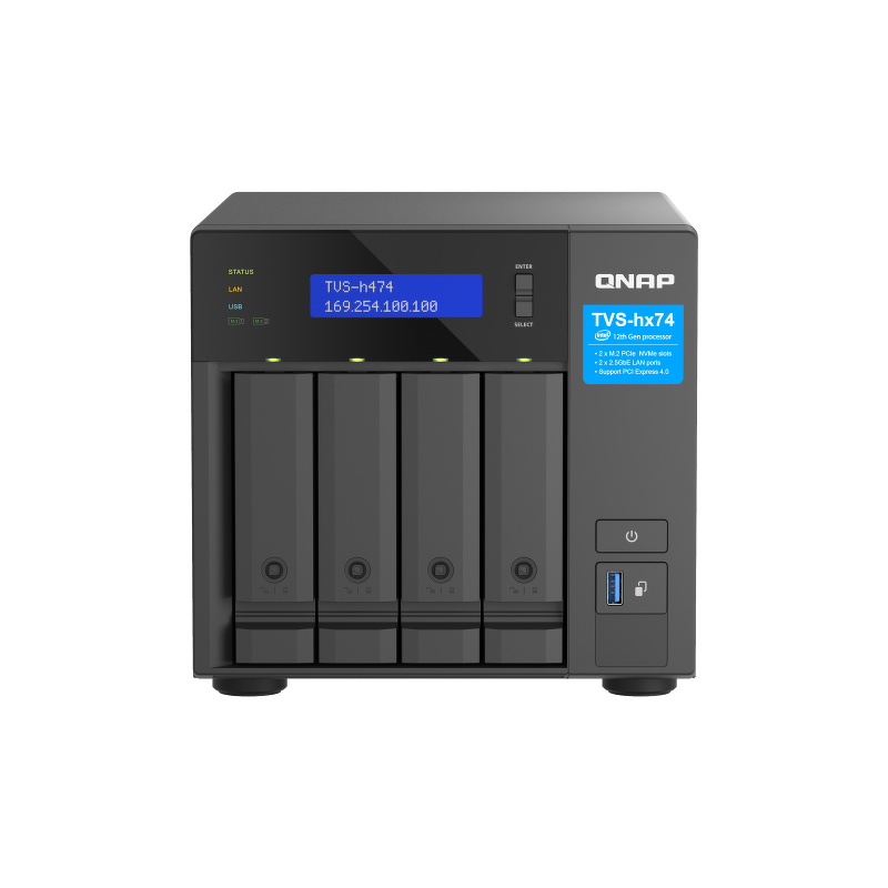 QNAP TVS-h474-PT-8G | 4-zatokowy serwer NAS, Intel Pentium 8GB RAM, 2x 2,5GbE RJ-45, PCIe Gen4 Tower