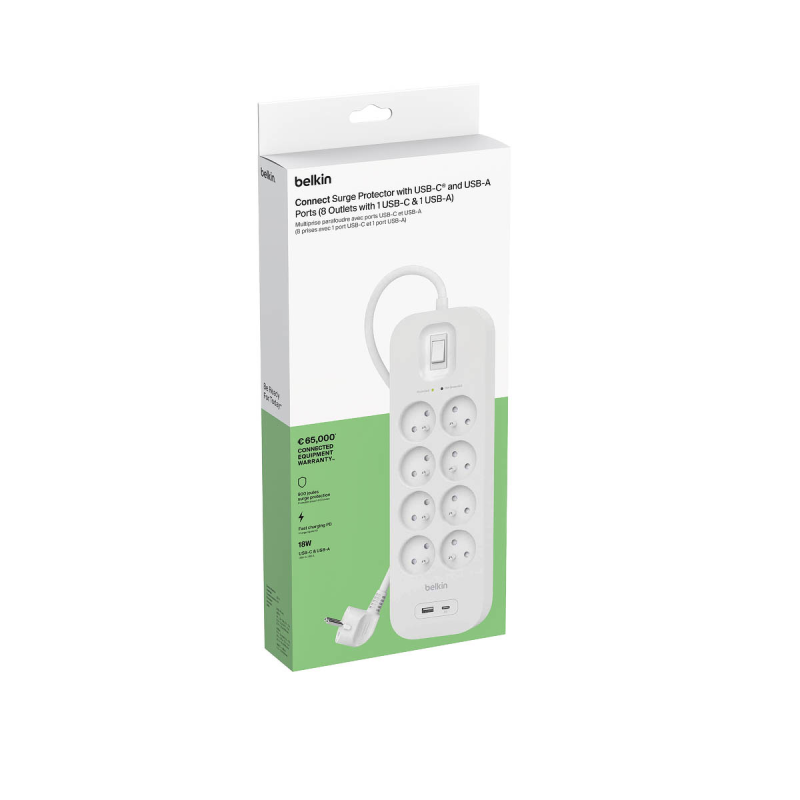 Belkin Listwa zasilająca przeciwprzepięciowa 900J, 8 gniazd, USB-A, USB-C PD, 2m