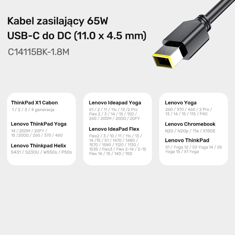 Kabel zasilający do Lenovo 65W USB-C - DC11*4,5mm
