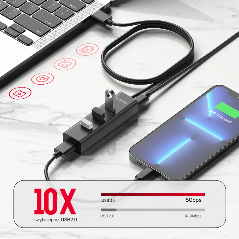 Unitek Aktywny hub USB-A 5Gbps, 4 porty USB-A